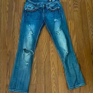 Miss Me Distressed Boot Cut Jeans - Blue